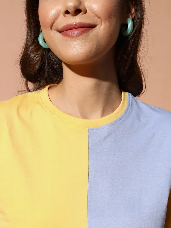 Printed___Round_Neck_Yellow,_Light_Blue_T-Shirt