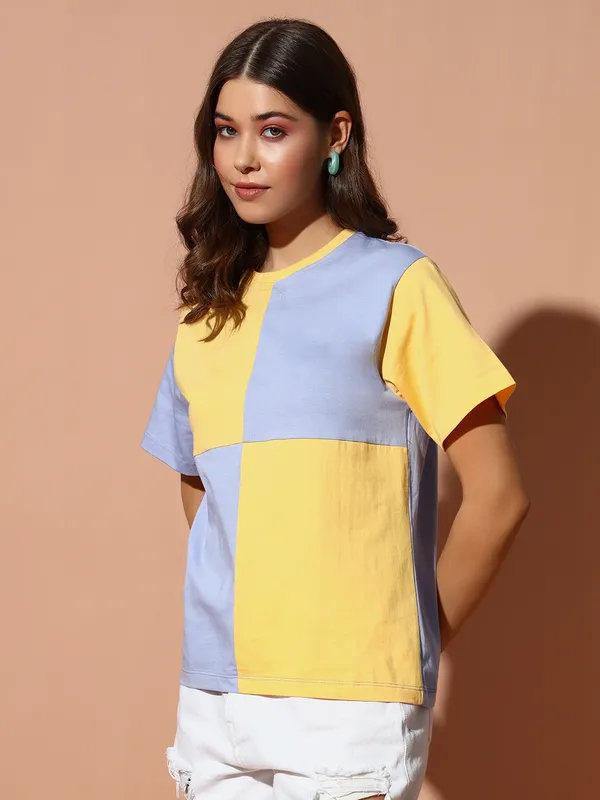 Printed___Round_Neck_Yellow,_Light_Blue_T-Shirt