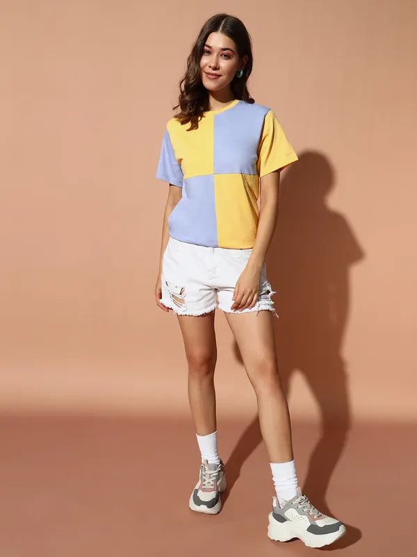 Printed___Round_Neck_Yellow,_Light_Blue_T-Shirt