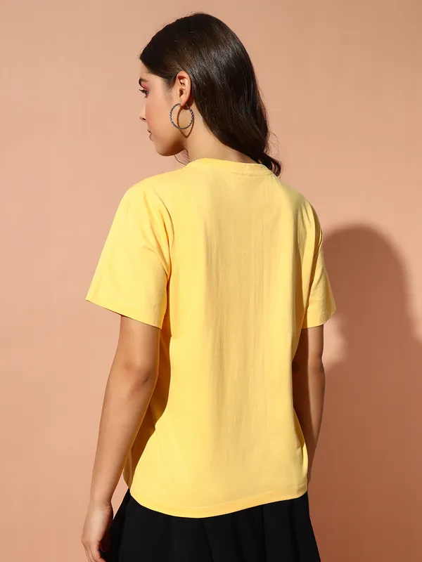 Printed___Round_Neck_Yellow_T-Shirt