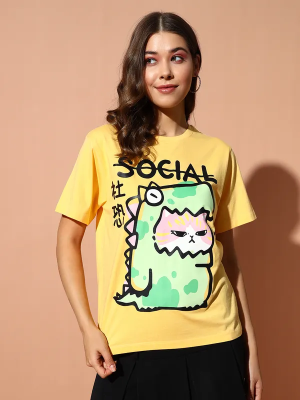 Printed___Round_Neck_Yellow_T-Shirt