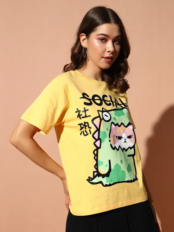 Printed___Round_Neck_Yellow_T-Shirt