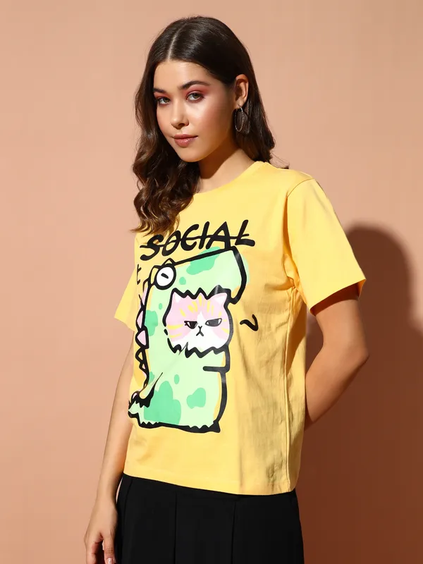 Printed___Round_Neck_Yellow_T-Shirt