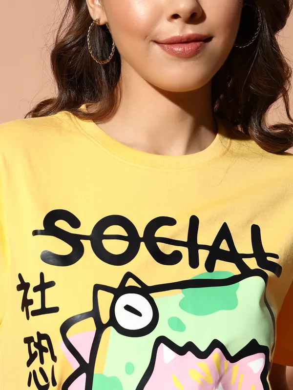 Printed___Round_Neck_Yellow_T-Shirt