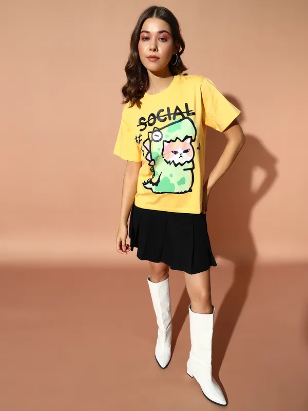 Printed___Round_Neck_Yellow_T-Shirt