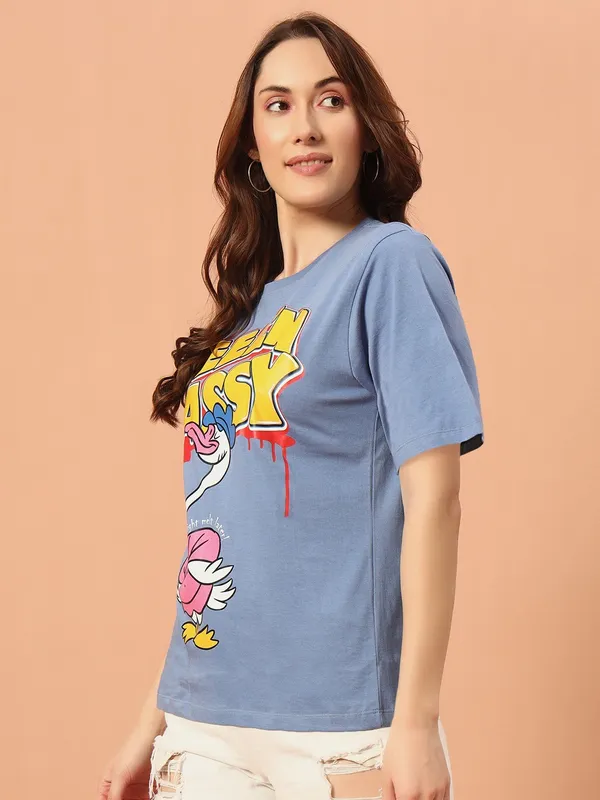 Printed___Round_Neck_Purple_T-Shirt