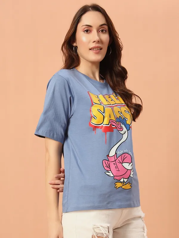 Printed___Round_Neck_Purple_T-Shirt