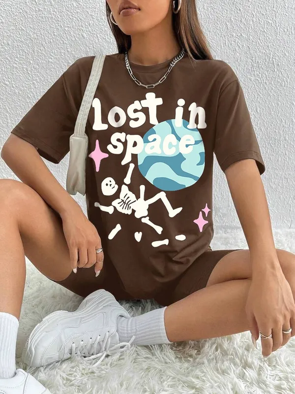 Printed___Round_Neck_Brown_T-Shirt