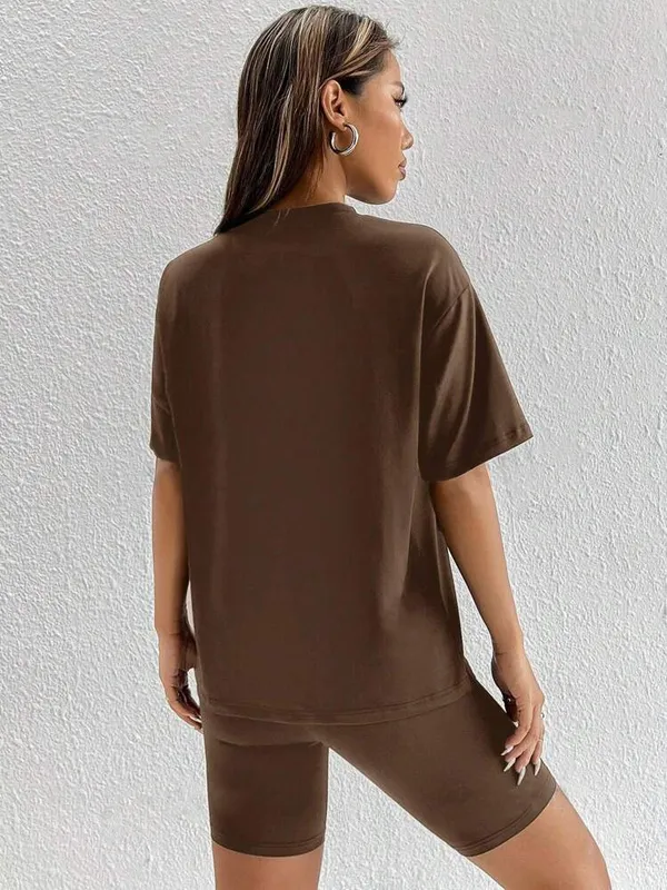 Printed___Round_Neck_Brown_T-Shirt