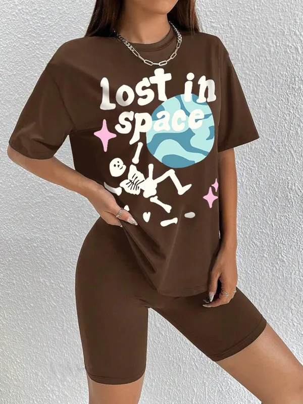 Printed___Round_Neck_Brown_T-Shirt