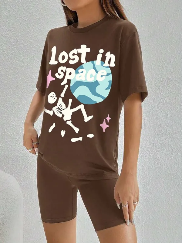 Printed___Round_Neck_Brown_T-Shirt