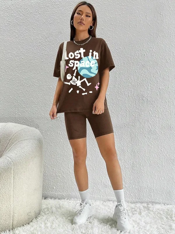 Printed___Round_Neck_Brown_T-Shirt
