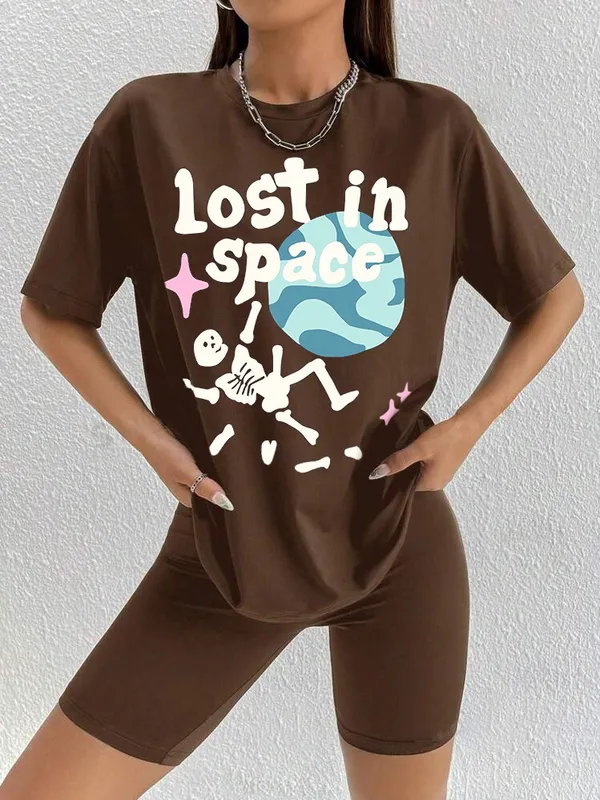 Printed___Round_Neck_Brown_T-Shirt