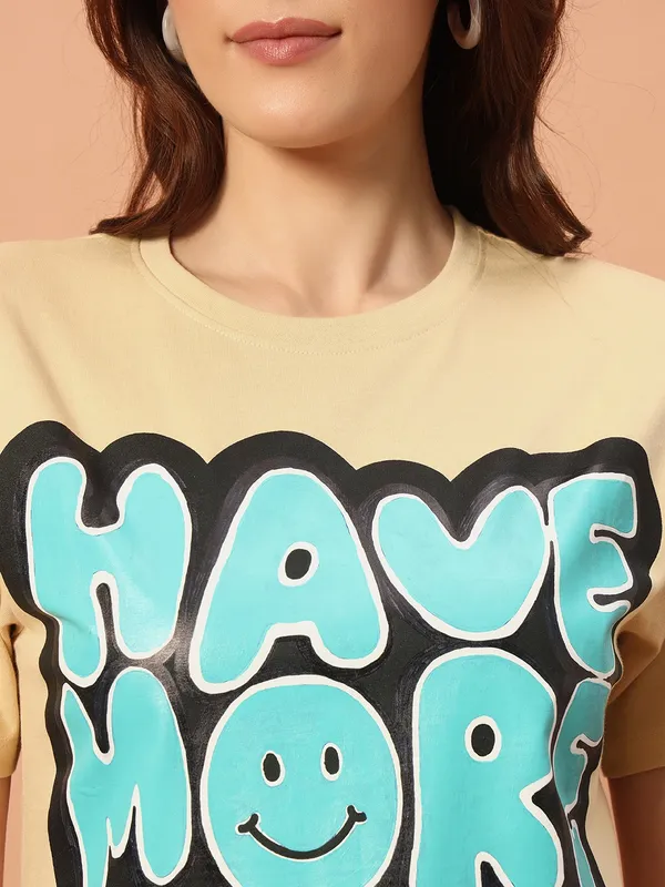 Printed___Round_Neck_Beige_T-Shirt