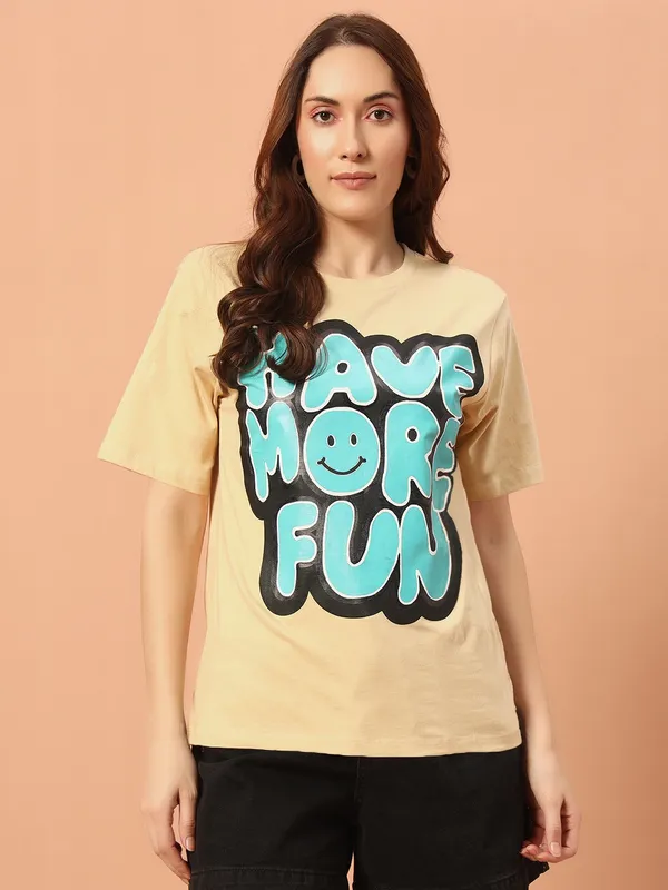 Printed___Round_Neck_Beige_T-Shirt