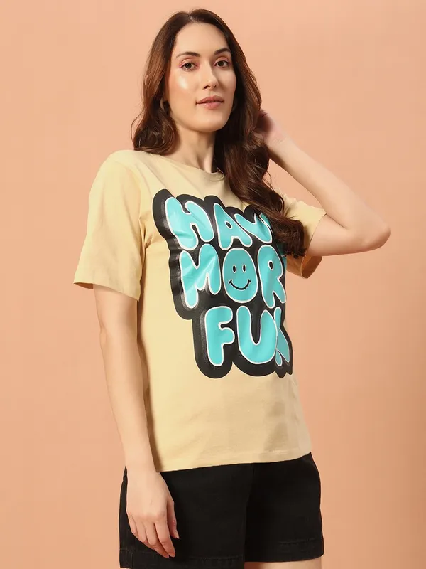 Printed___Round_Neck_Beige_T-Shirt