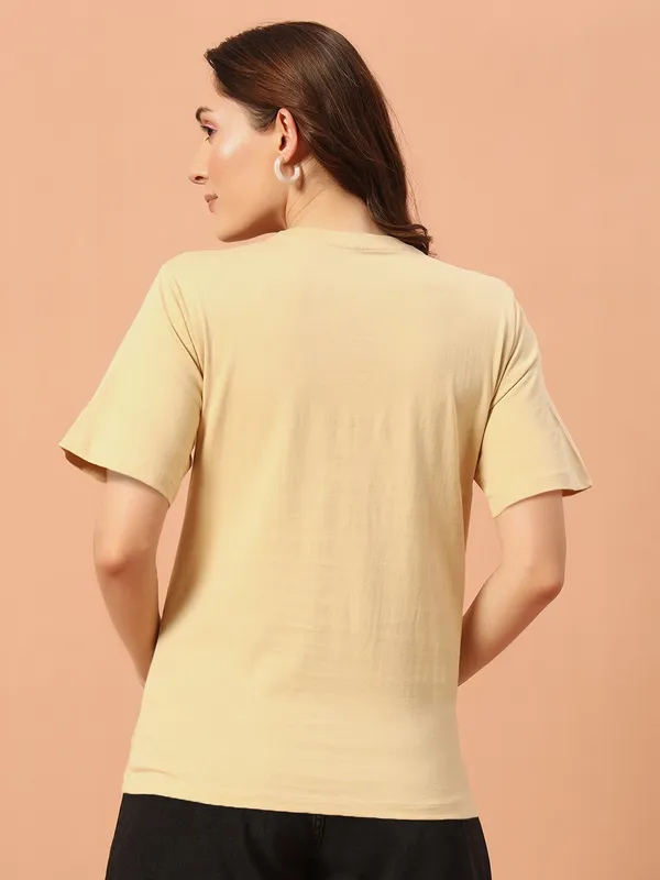 Printed___Round_Neck_Beige_T-Shirt