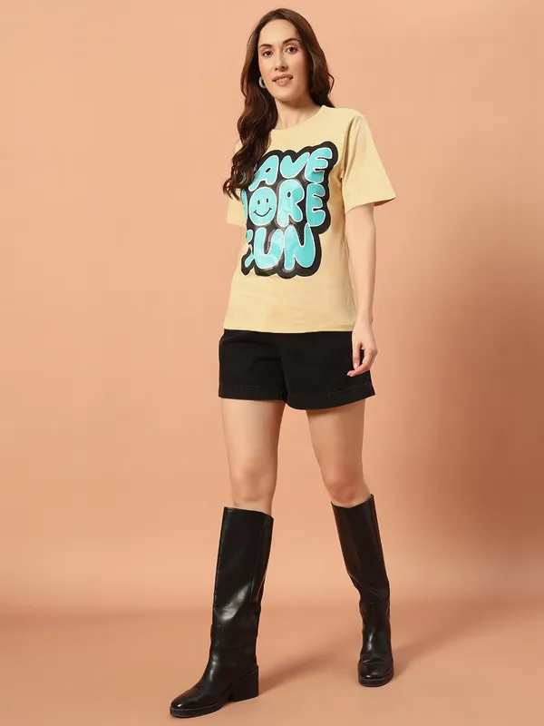 Printed___Round_Neck_Beige_T-Shirt