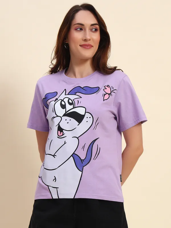 Happy_Dog_Graphic__Printed___T-Shirt_With__Round_Neck_Lavender_T-Shirt