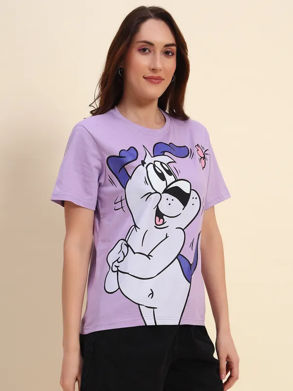 Happy_Dog_Graphic__Printed___T-Shirt_With__Round_Neck_Lavender_T-Shirt