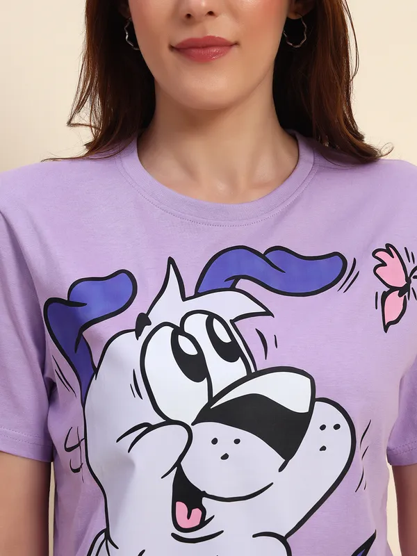 Happy_Dog_Graphic__Printed___T-Shirt_With__Round_Neck_Lavender_T-Shirt