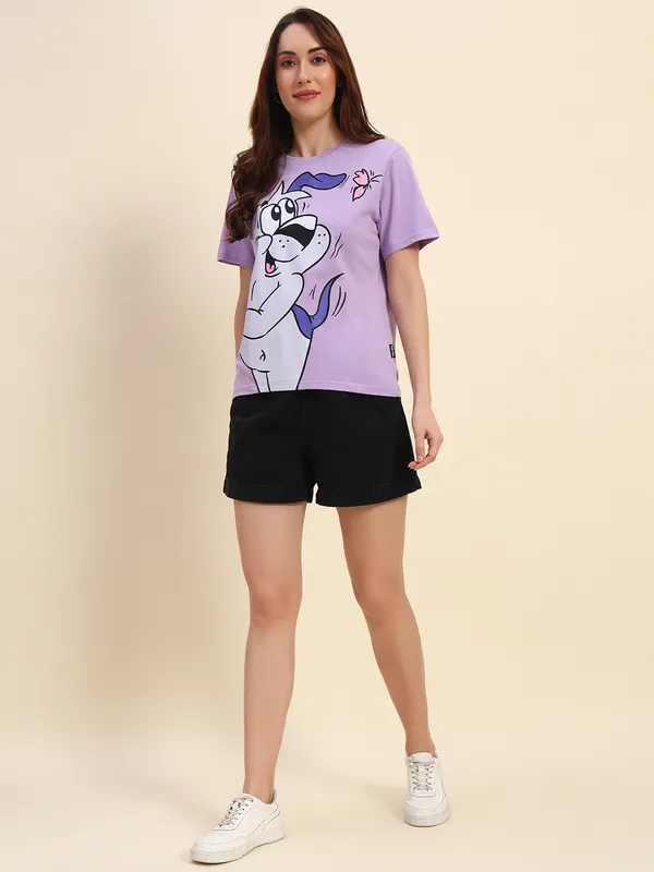 Happy_Dog_Graphic__Printed___T-Shirt_With__Round_Neck_Lavender_T-Shirt