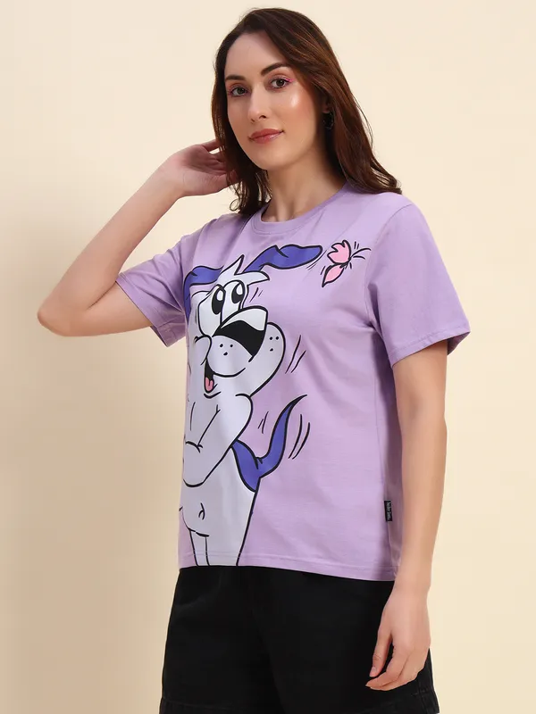 Happy_Dog_Graphic__Printed___T-Shirt_With__Round_Neck_Lavender_T-Shirt