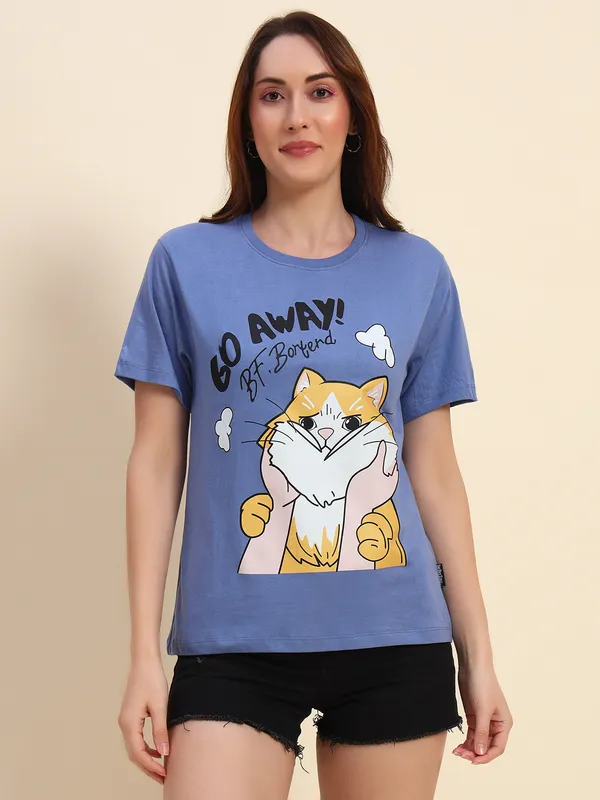 Printed___Round_Neck_Blue_T-Shirt_With_Cute_Cat_Print