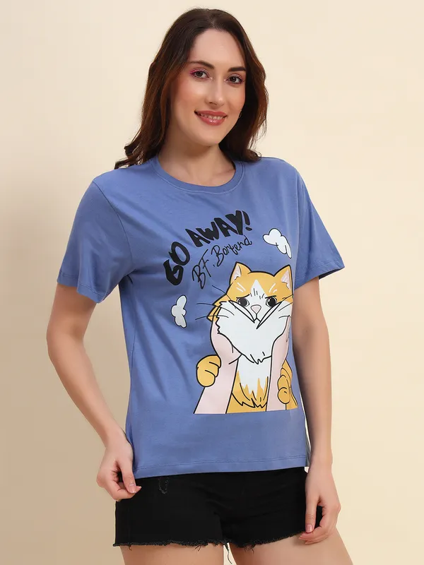 Printed___Round_Neck_Blue_T-Shirt_With_Cute_Cat_Print