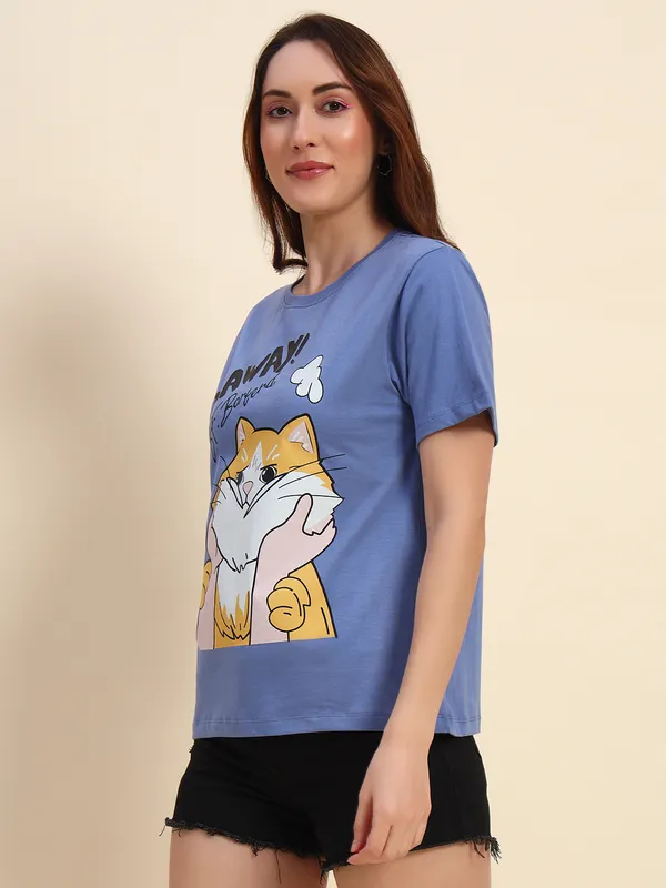 Printed___Round_Neck_Blue_T-Shirt_With_Cute_Cat_Print