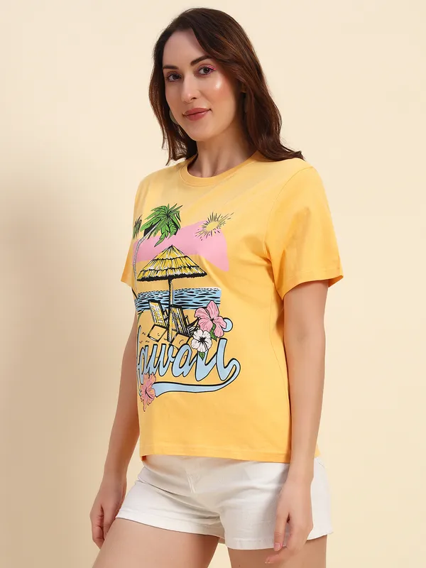 Vibrant_Vacay_Printed___Round_Neck_Yellow_T-Shirt
