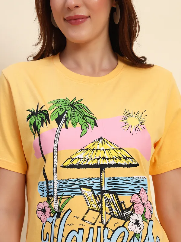 Vibrant_Vacay_Printed___Round_Neck_Yellow_T-Shirt