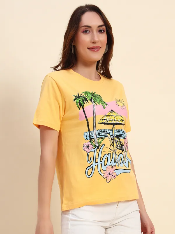 Vibrant_Vacay_Printed___Round_Neck_Yellow_T-Shirt