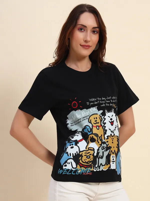 Dog_Printed___Round_Neck_Black_T-Shirt