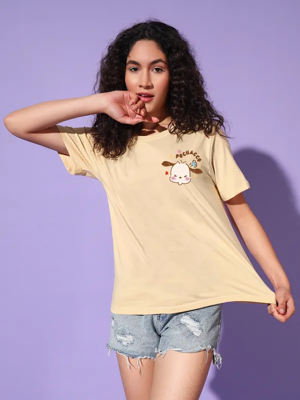 Women's_Light_Yellow_T-Shirt_with_Cute_Pochacco_Chest_Print_|_Soft_Cotton_Casual_Wear