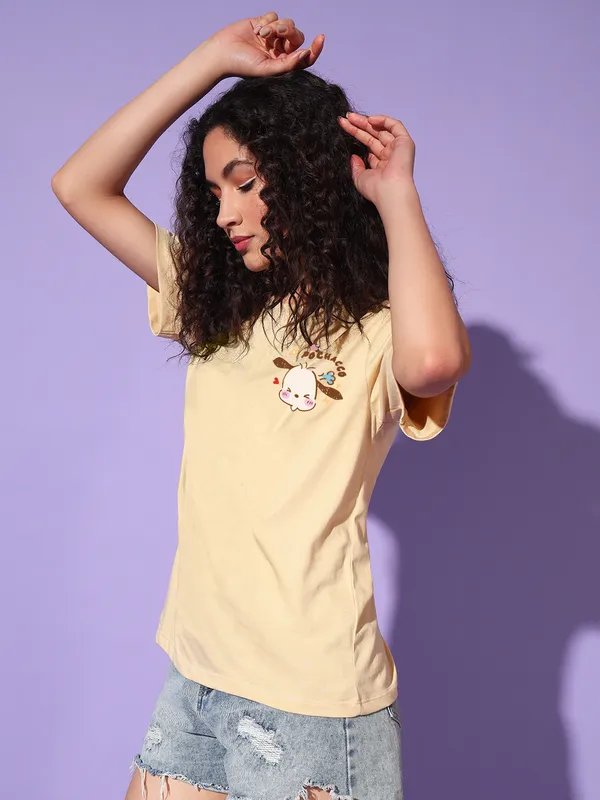Women's_Light_Yellow_T-Shirt_with_Cute_Pochacco_Chest_Print_|_Soft_Cotton_Casual_Wear