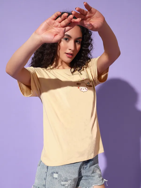 Women's_Light_Yellow_T-Shirt_with_Cute_Pochacco_Chest_Print_|_Soft_Cotton_Casual_Wear