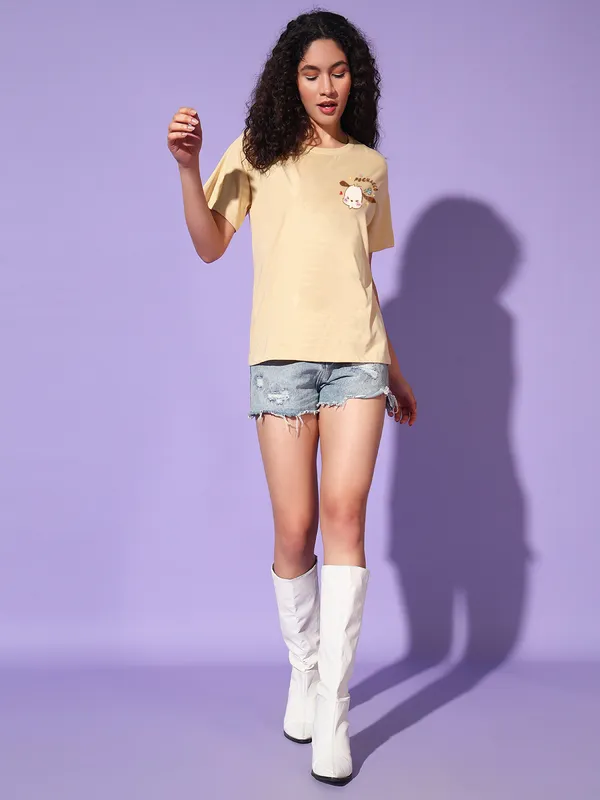 Women's_Light_Yellow_T-Shirt_with_Cute_Pochacco_Chest_Print_|_Soft_Cotton_Casual_Wear