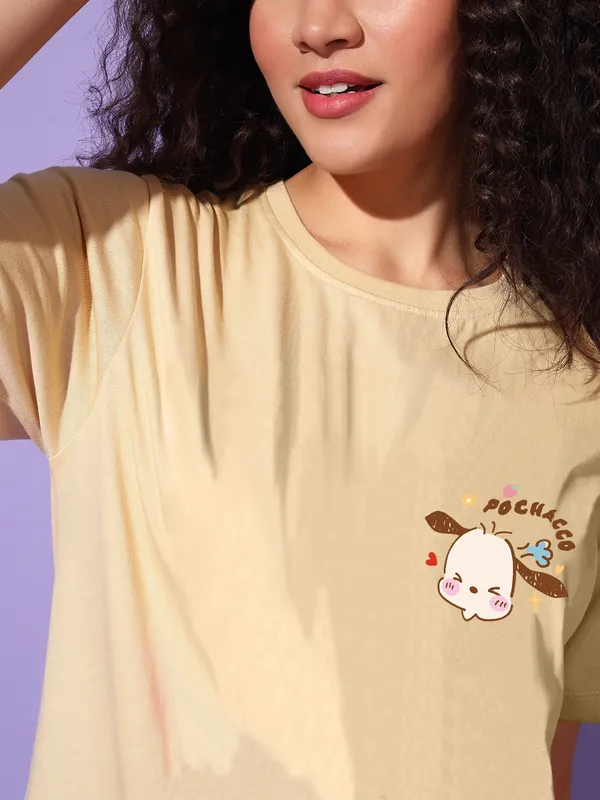 Women's_Light_Yellow_T-Shirt_with_Cute_Pochacco_Chest_Print_|_Soft_Cotton_Casual_Wear