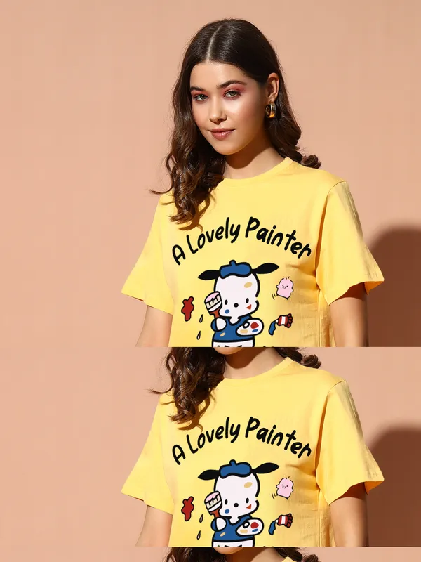 Women's_Yellow_Oversized_Fit_Graphic_Printed_T-Shirt_with_Cute_Painter_Cartoon