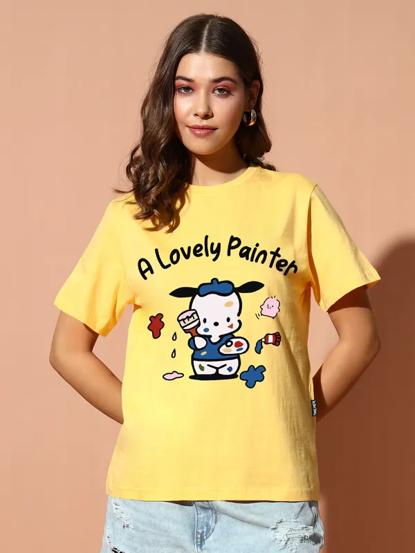 Women's_Yellow_Oversized_Fit_Graphic_Printed_T-Shirt_with_Cute_Painter_Cartoon