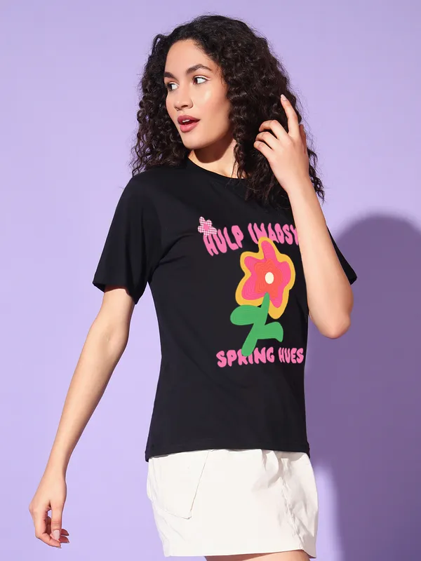 Women's_Loose_Fit_Half_Sleeve_Tshirt_typo_with_flower_graphic_print_at_front