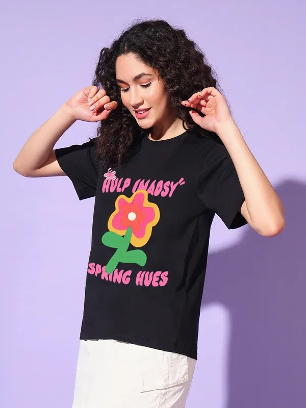 Women's_Loose_Fit_Half_Sleeve_Tshirt_typo_with_flower_graphic_print_at_front