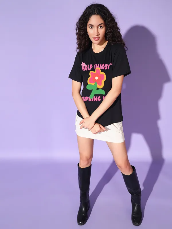 Women's_Loose_Fit_Half_Sleeve_Tshirt_typo_with_flower_graphic_print_at_front