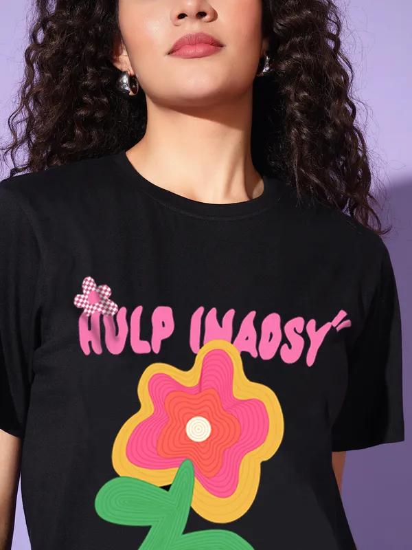 Women's_Loose_Fit_Half_Sleeve_Tshirt_typo_with_flower_graphic_print_at_front
