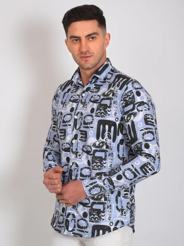 Black_Trendy_Design_Abstract_Printed_Cotton_Blend_Shirt_For_Men