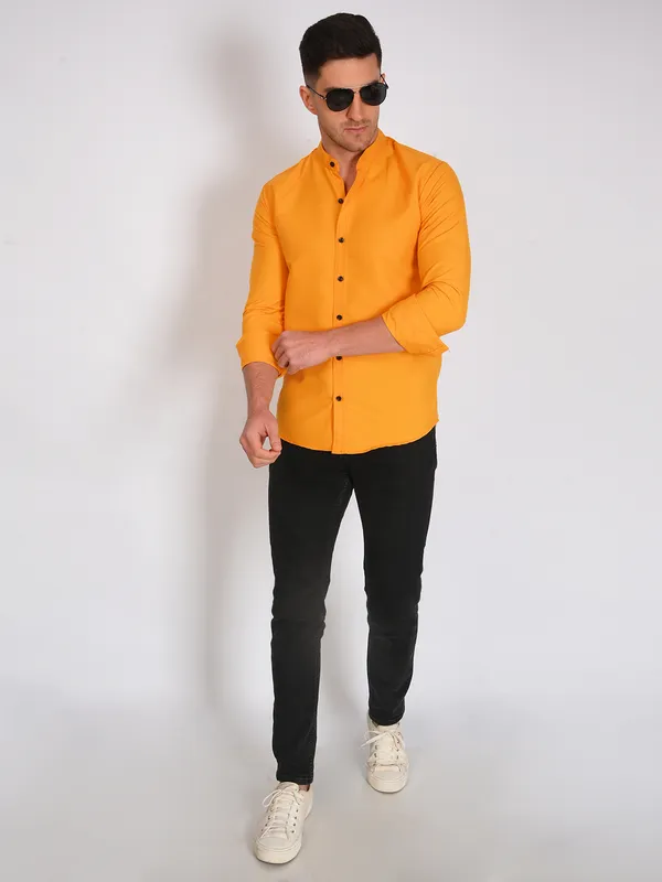 Mustard_Yellow_Trendy_Design_Mandarin_Collar_Cotton_Blend_Solid_Shirt_For_Men