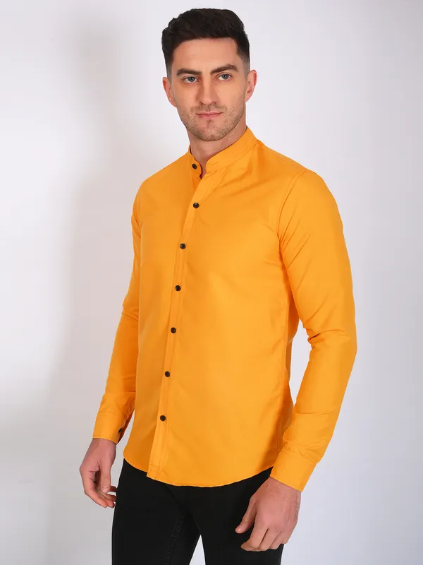 Mustard_Yellow_Trendy_Design_Mandarin_Collar_Cotton_Blend_Solid_Shirt_For_Men