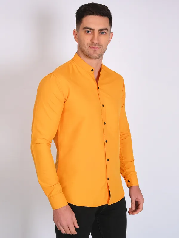 Mustard_Yellow_Trendy_Design_Mandarin_Collar_Cotton_Blend_Solid_Shirt_For_Men