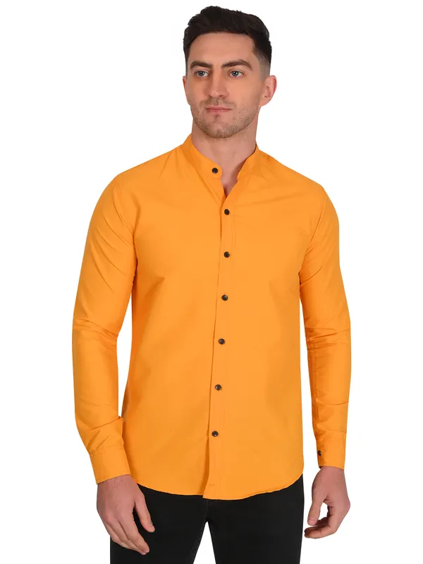 Mustard_Yellow_Trendy_Design_Mandarin_Collar_Cotton_Blend_Solid_Shirt_For_Men